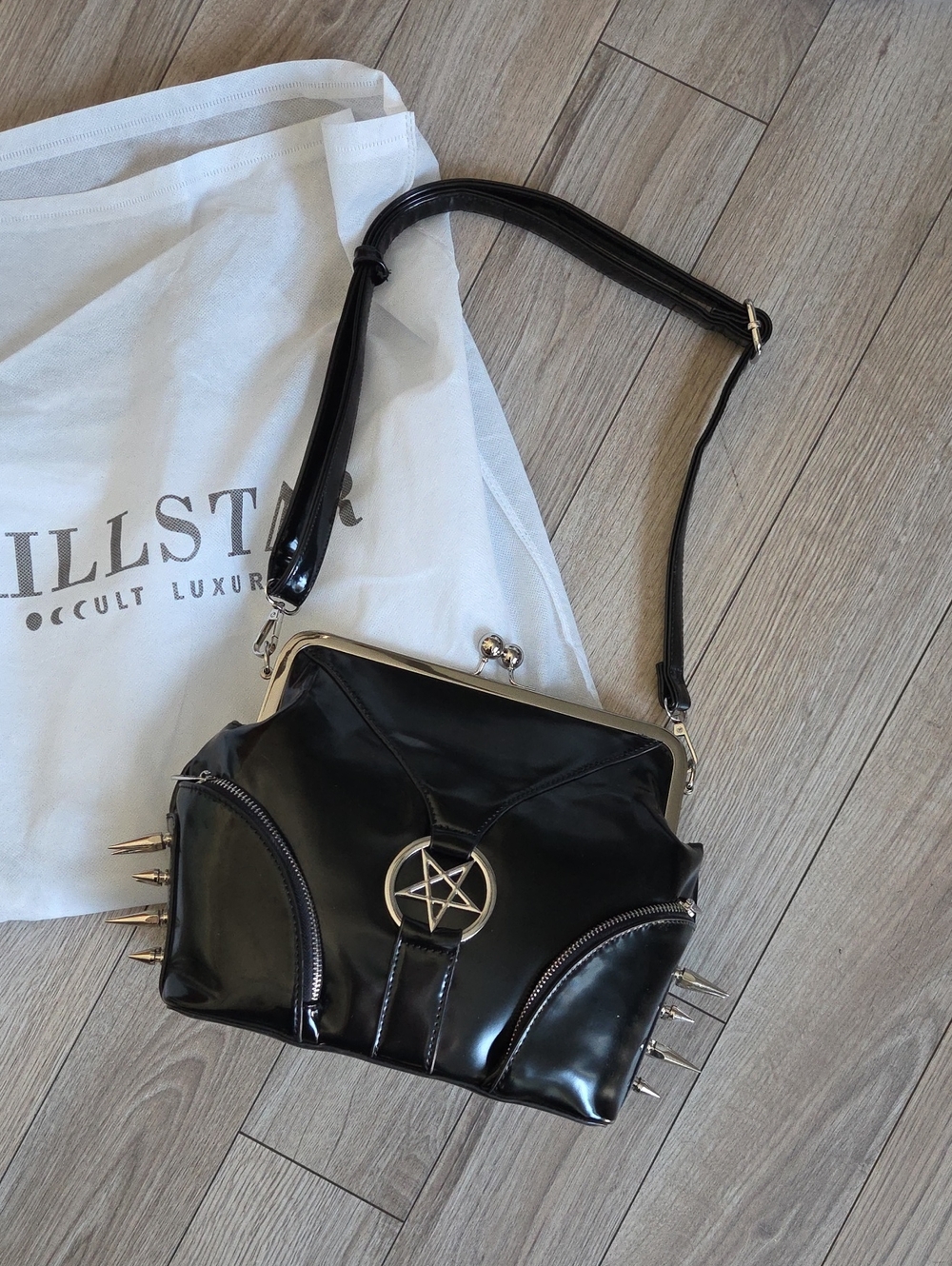 Killstar Drucilla Black Vegan Leather Pentagram Spikes Shoulder Bag Purse